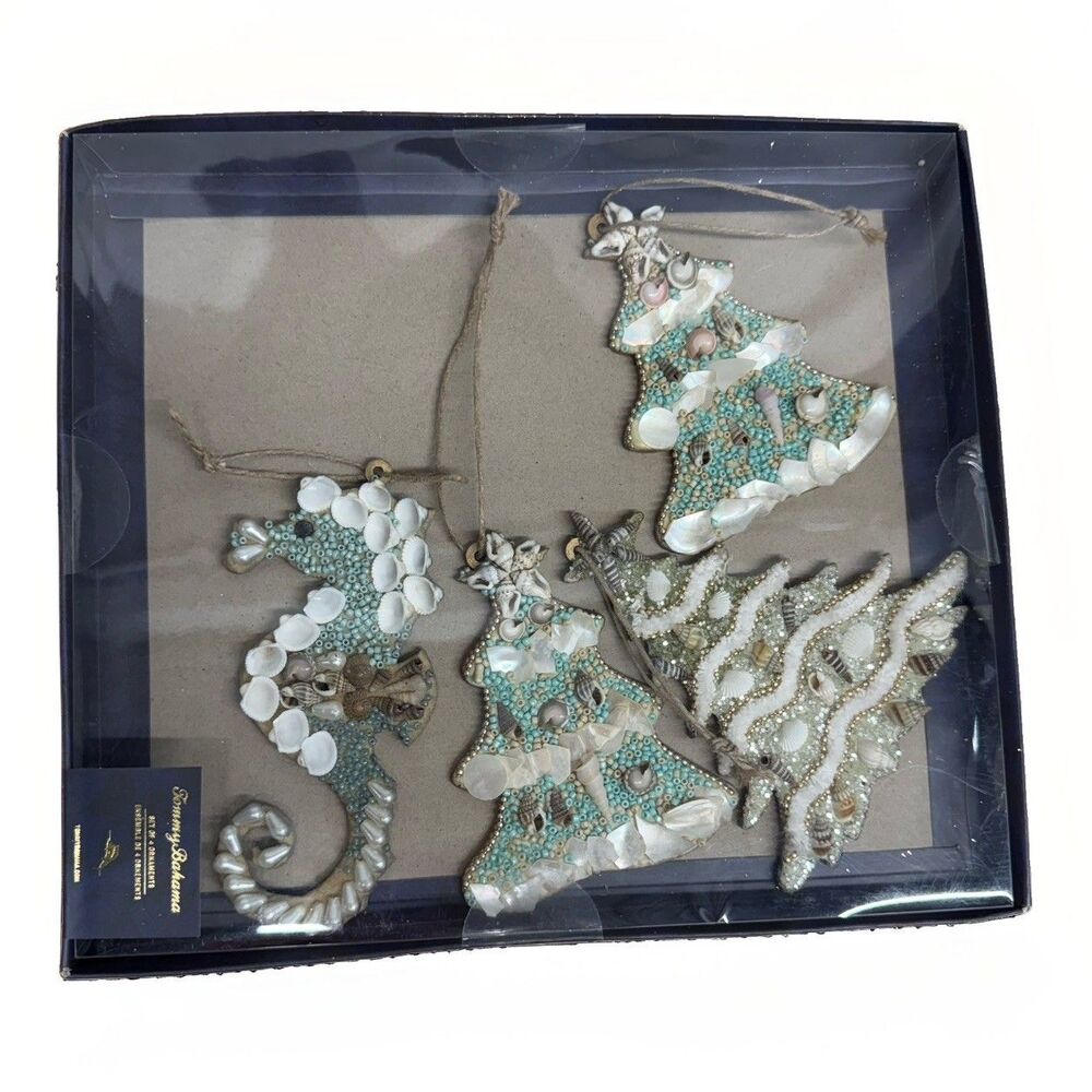 Tommy Bahama Coastal Christmas Ornaments Set 4 Beaded Shell Trees Seahorse